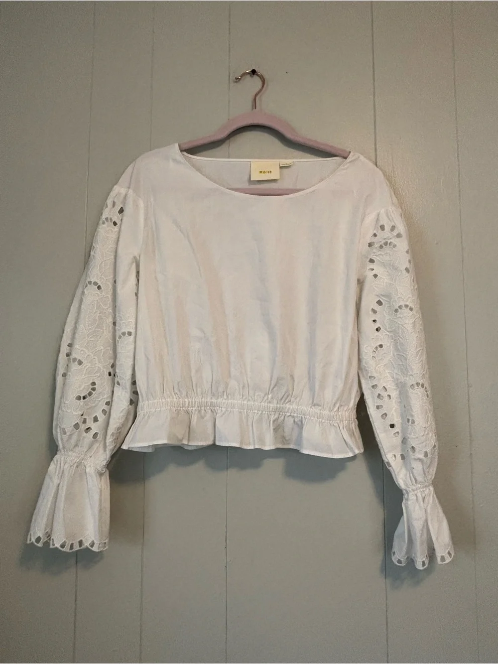 Maeve Anthropologie White Eyelet Cropped Peplum Bell Sleeve Boho Top Sz S